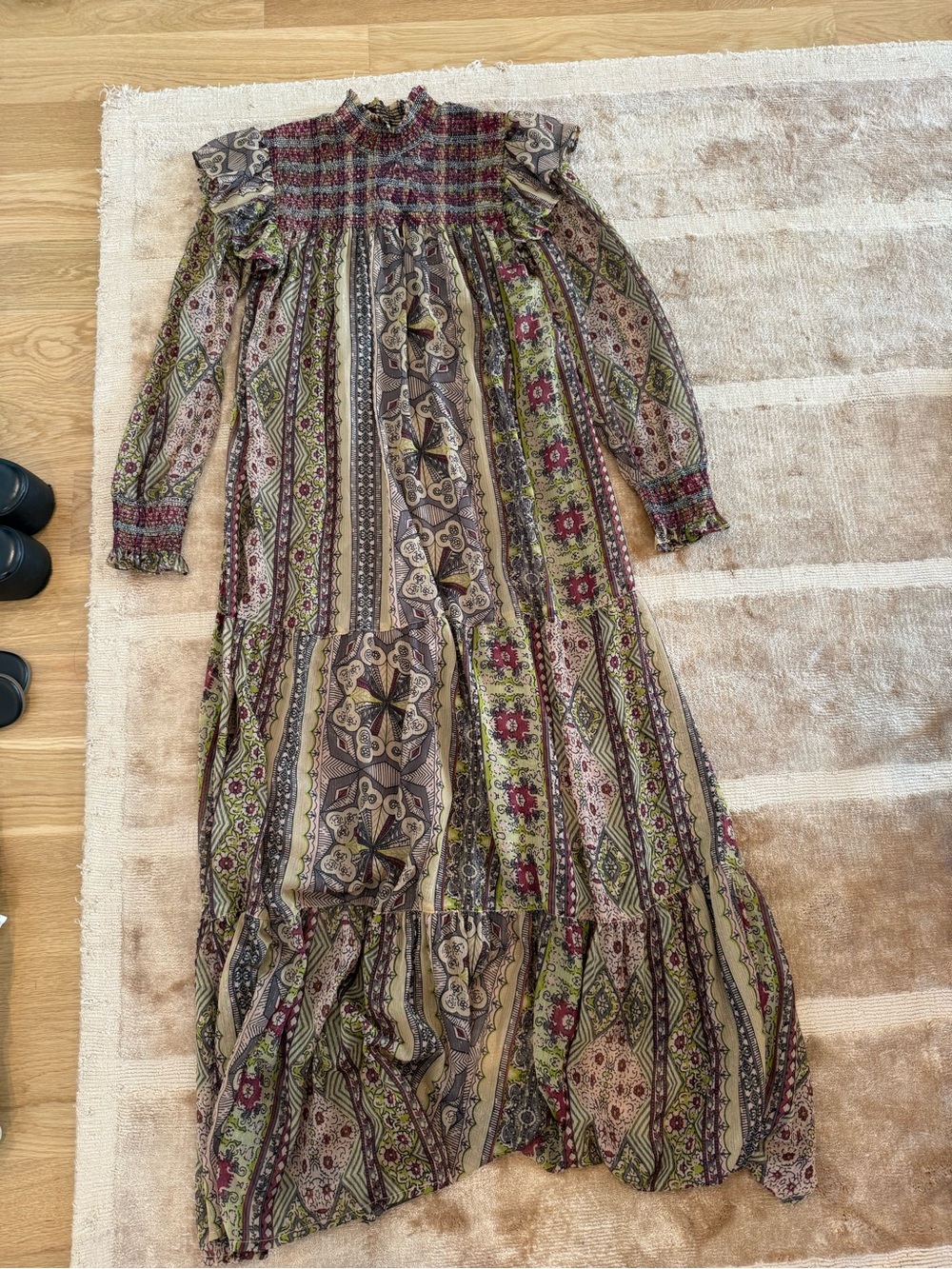 Anthropologie Long Sleeve Bohemian Maxi Dress in Olive, Burgundy, Beige
